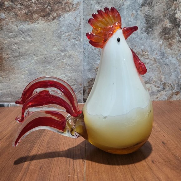 Art Glass Hand Blown Rooster White Red Yellow Indoor Home Decor Chipped Comb